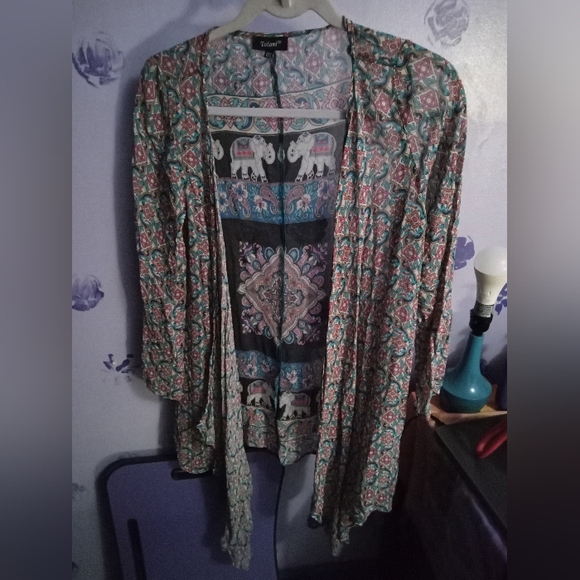 Tolani Other - Tolani Teal Pink Patterned Kimono with Elephant Motif